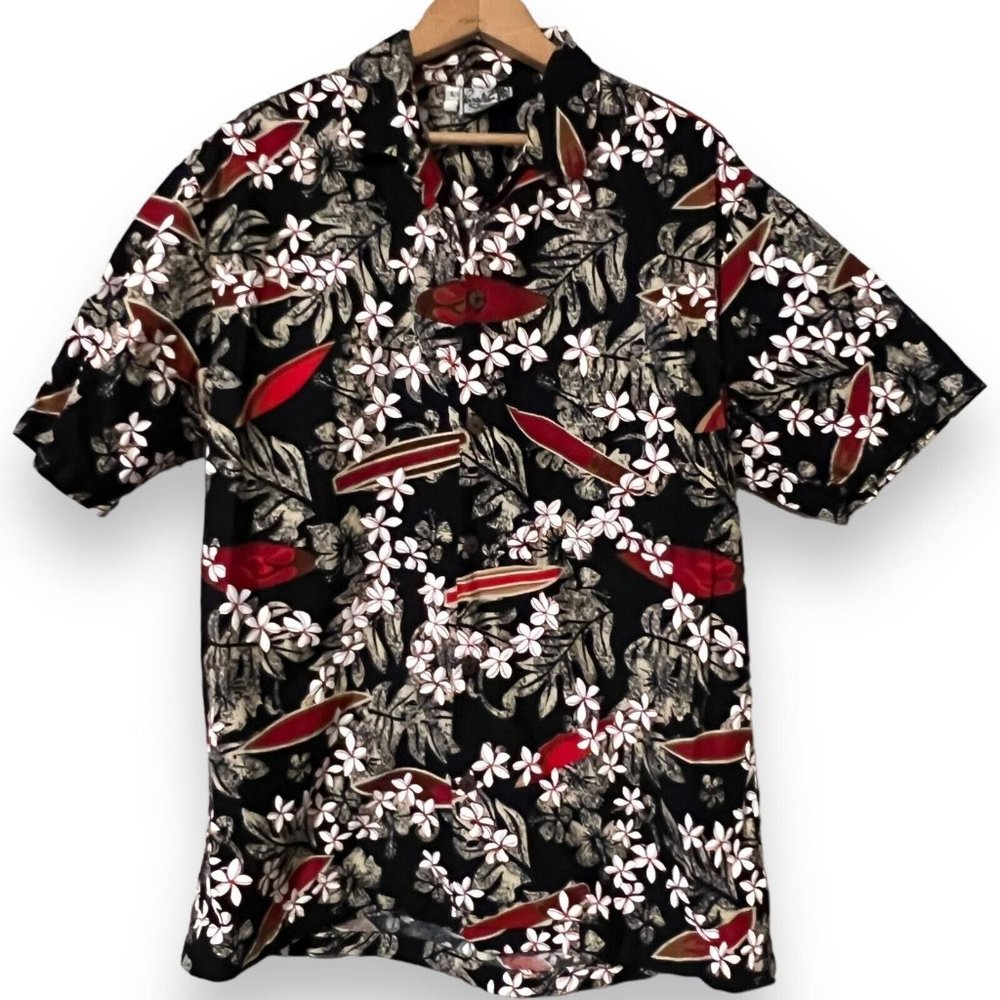 Vintage Paradise Style Hawaiian Beach Shirt Mens Large Red Black Cotton